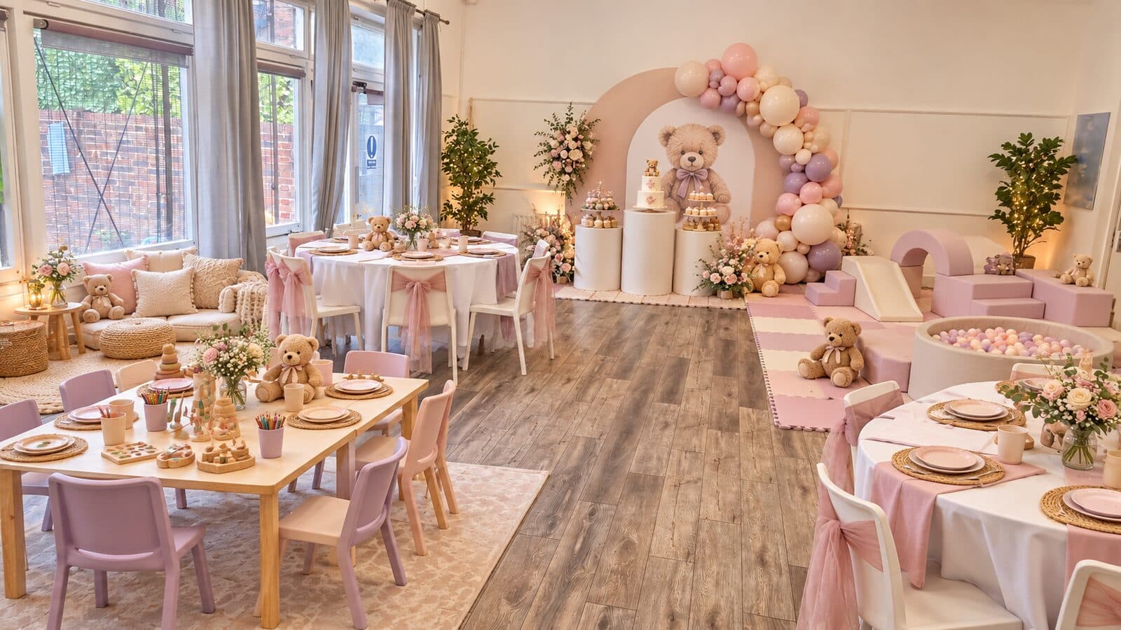 Design concept for a teddy bears and soft play party at Deronda Hall